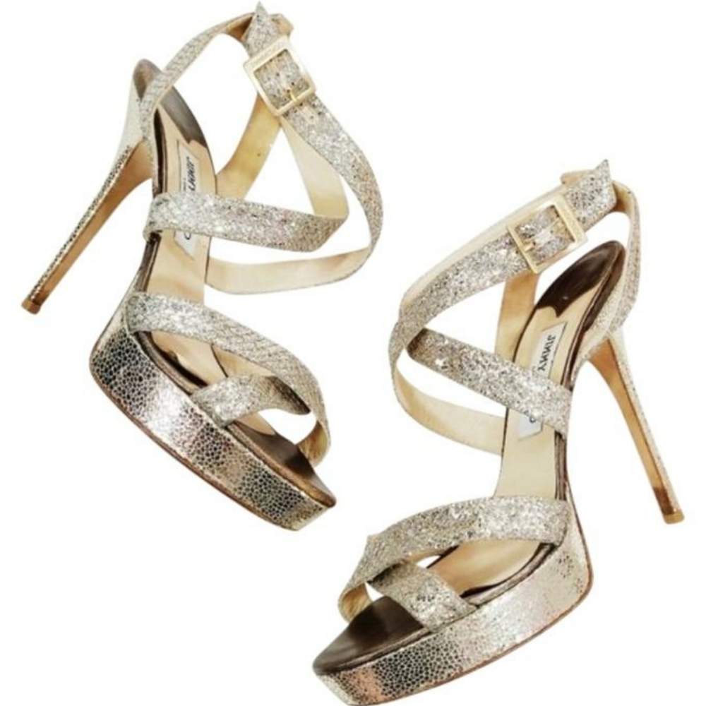 Jimmy Choo Platform Gold Glitter Sandal Pumps…